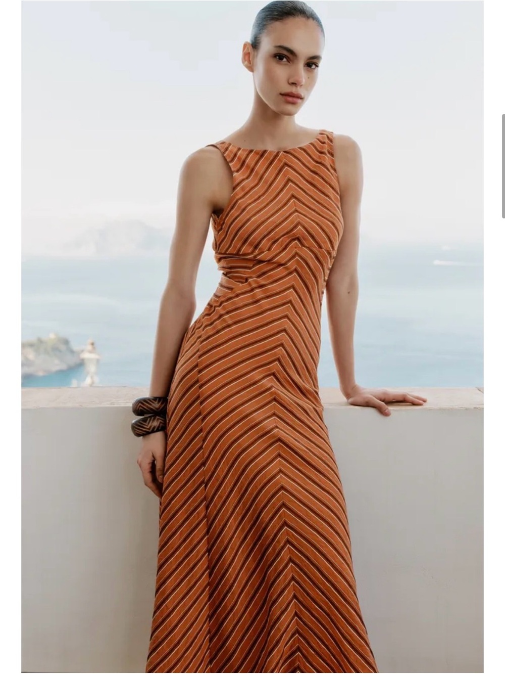 Women’s Orange Striped Open Back Sleeveless Midi Dress